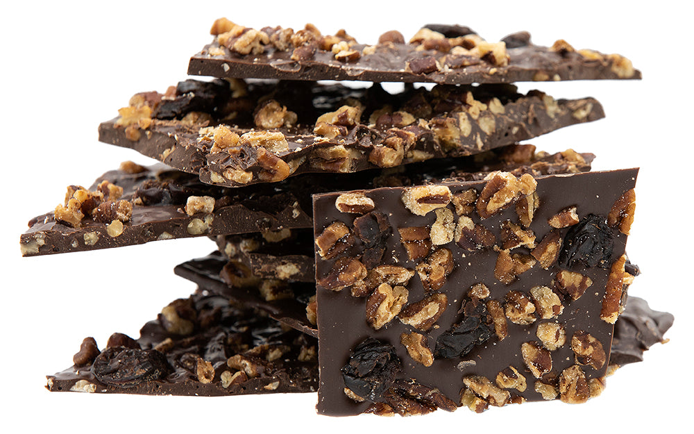 homemade dark chocolate bark candy with fruits and nuts