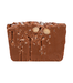 A rectangular piece of chocolate fudge with visible chunks of coconut and sliced almonds, presented on a solid white background.
