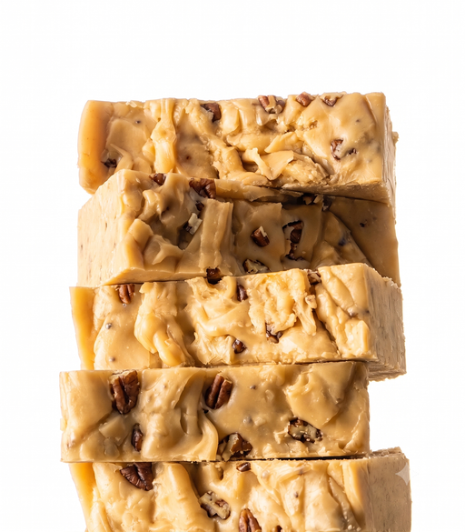 Stack of gourmet Butter Pecan Fudge with visible nuts on a white background