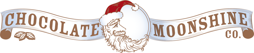 long chocolate moonshine logo with crescent moon wearing santa hat