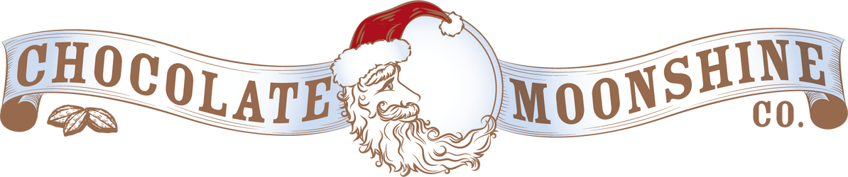 long chocolate moonshine logo with crescent moon wearing santa hat