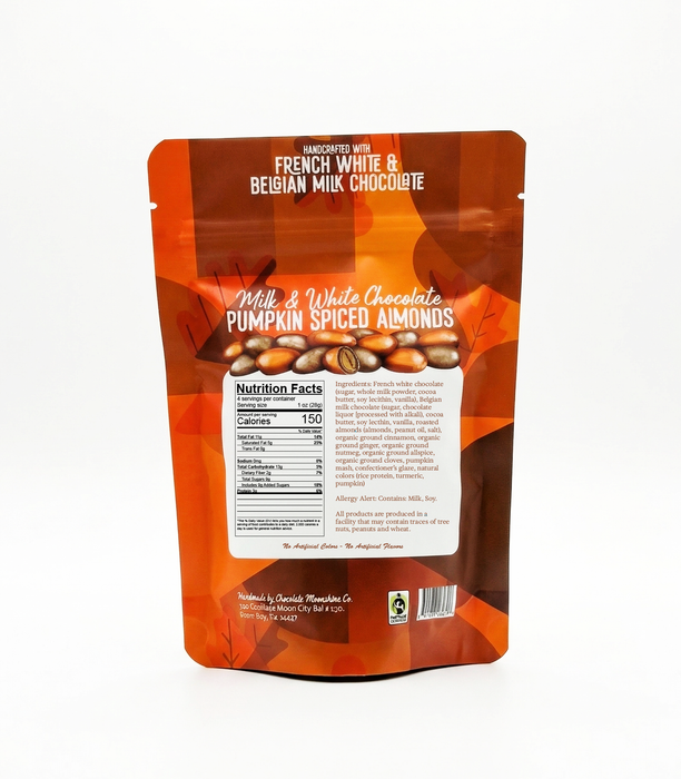 Packaging of pumpkin spiced almonds with visible branding and product details.