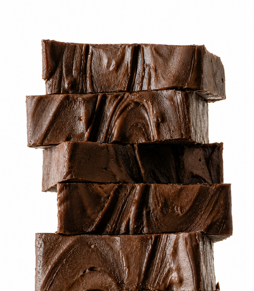 A stack of five thick, richly textured gourmet dark espresso fudge on a solid white background.
