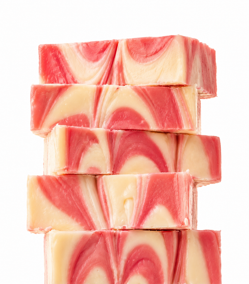 Stack of Strawberry Cheesecake Fudge  Slices on a white background