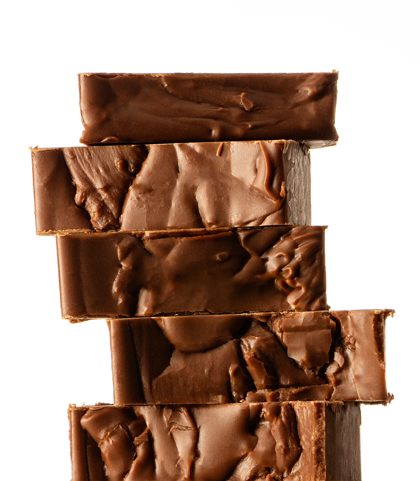 Stack of Gourmet Vegan Chocolate Fudge Slices on a white background