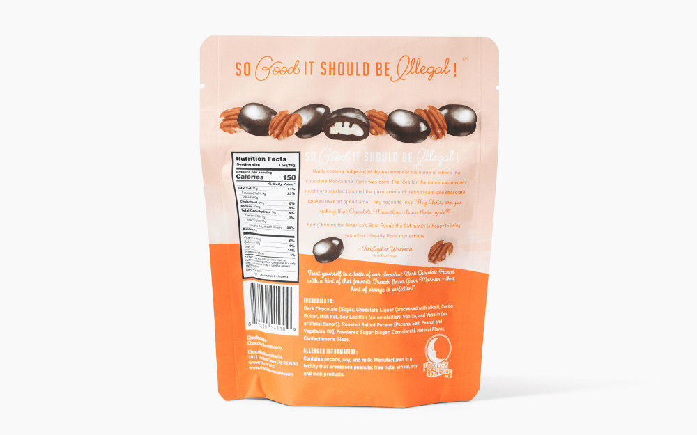 Chocolate Moonshine Chocolates Orange Bourbon Pecans - Snacking Bag